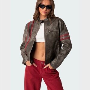 Edikted Gray Leather Jacket with Red Stripes